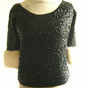 Vintage Black Sequin/fur Crop-Top 1970 Era-med/lrg